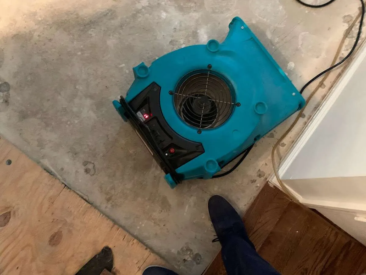 Air mover drying subfloor during Commercial Water Damage Restoration in Tice